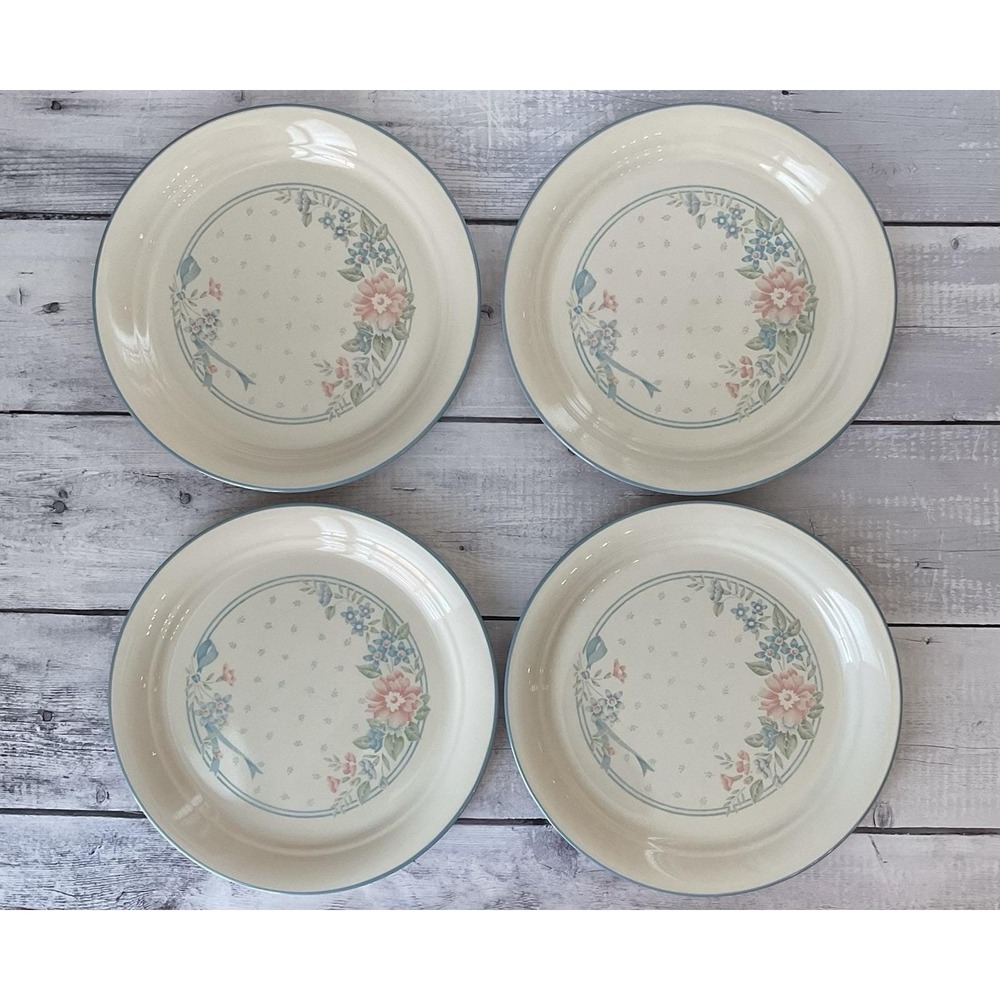 Corelle Corning Symphony Dinner Plates Set Of 4 10.25" Cream Blue Rim Floral